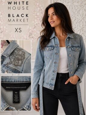 White House Black Market Embellished Denim Jacket Belted Light Wash Jean Jacket